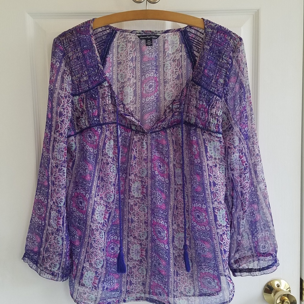 American Eagle Boho Purple Smocked Tassel Top EUC